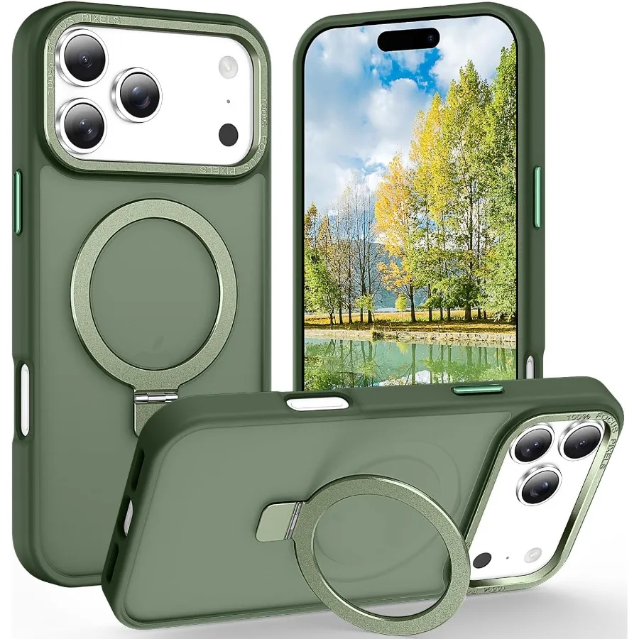 

Магнитный чехол для телефона iPhone 17 Pro Max 6,9 дюйма со встроенной кольцевой подставкой для простого просмотра и использования без помощи рук. Предложения 10 футов.