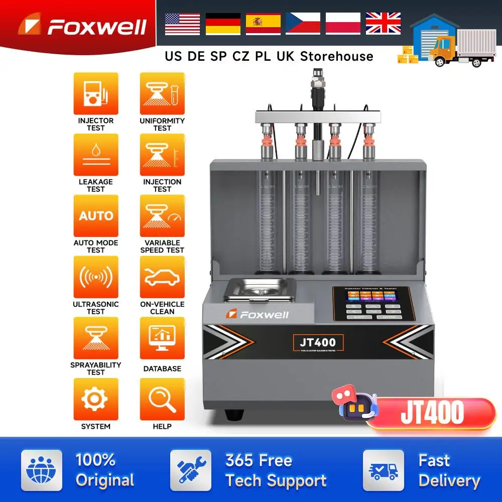 

Fuel Injector Cleaner Machine 4-Cylinders Heated Ultrasonic Injector Cleaner GDI/EFI/FSI Fuel Injector Test FOXWELL JT400