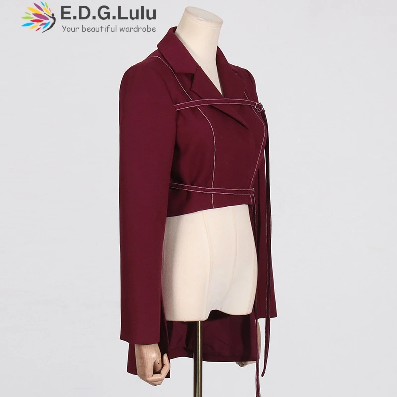 EDGLuLu Women 2 Piece Set Outfit Turn-Down Collar Long Sleeved Irregular Top Jacket+High Waist  Wide Leg Pants Red Suit 1122