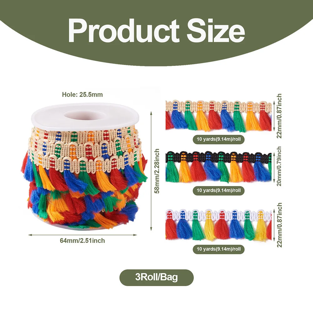 30 Yards 7/8 inch Polyester Tassel Fringe Trimming Colorful Wide Sewing Lace Ribbon for DIY Earrings Jewelry Clothing Makings