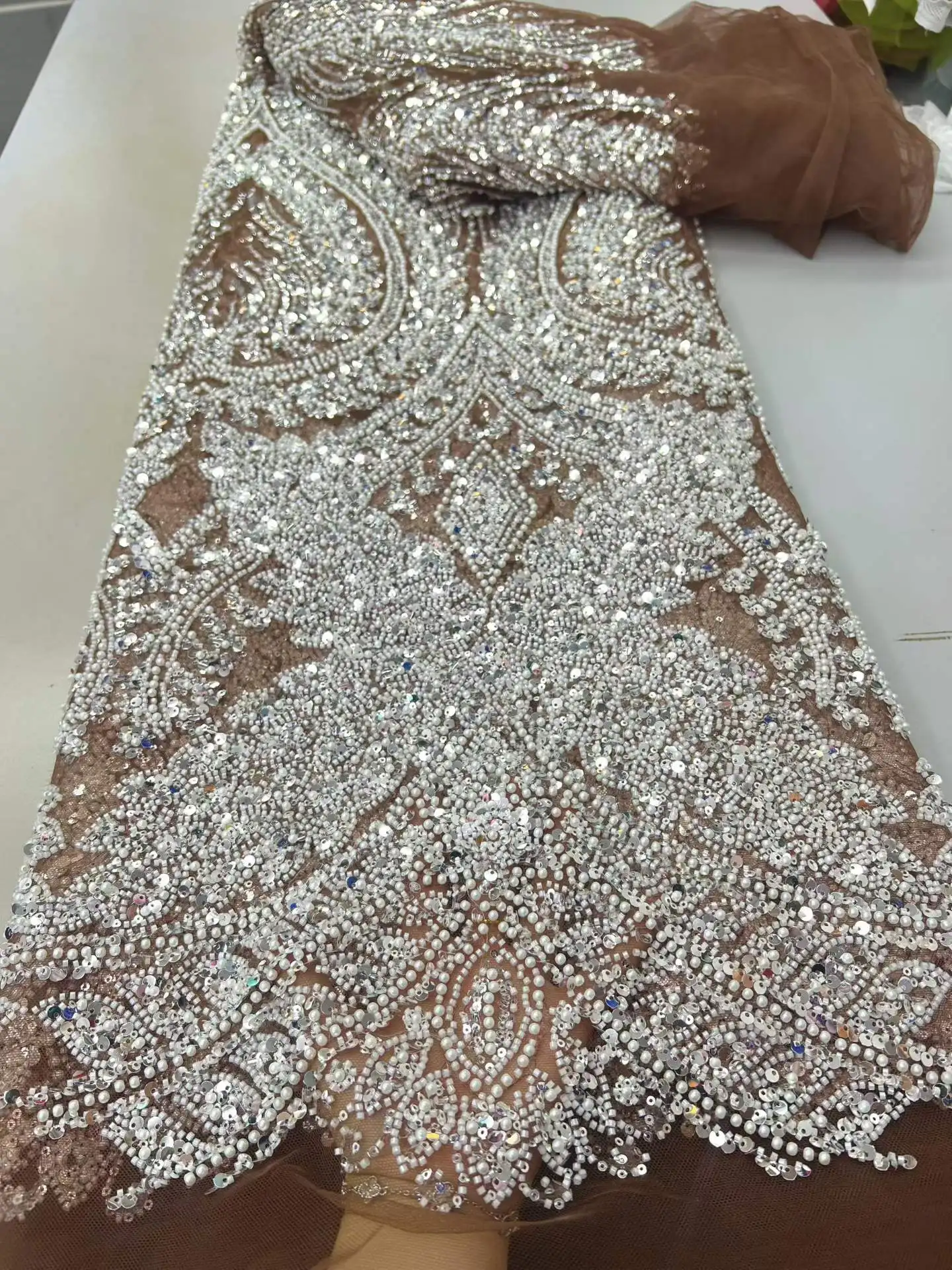 

Luxury African French Tulle Lace Fabric with Sequins Beads High Quality for Nigerian Wedding 5 Yards