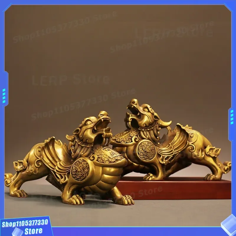 Pure Brass Pixiu Statue Pair for Home Office Desk Decor Feng Shui Wealth Attracting Ornament Living Room Study Table