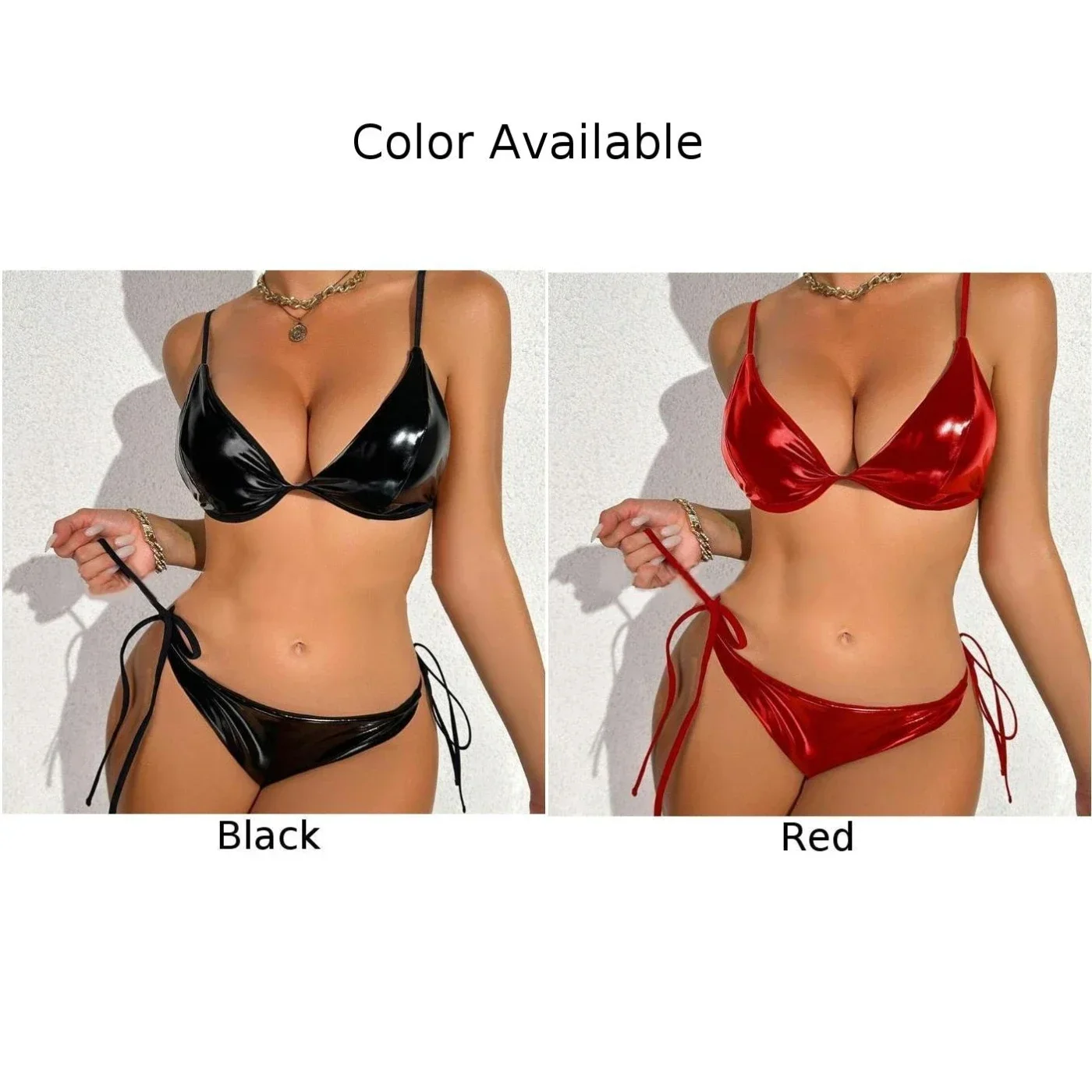 Women Sexy Bras Halter Bikinis Lace Up PU Leather Wet Look Bikini Set Breathable Swimsuit G-string Lingerie Set Female Underwear