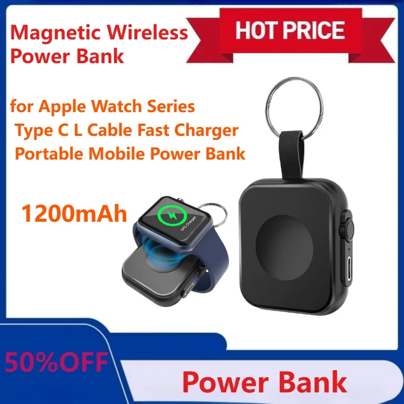 

New 1200mAh Mini Magnetic Wireless Power Bank for Apple Watch Series Type C L Cable Fast Charger Portable Mobile Power Bank