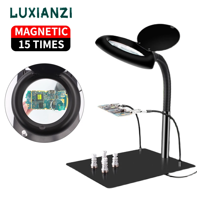 

LUXIANZI 15X Desktop Welding Magnifying Glass PCB Board LED Hand Soldering Solder Iron Stand Holder Station Rework Repair Tool