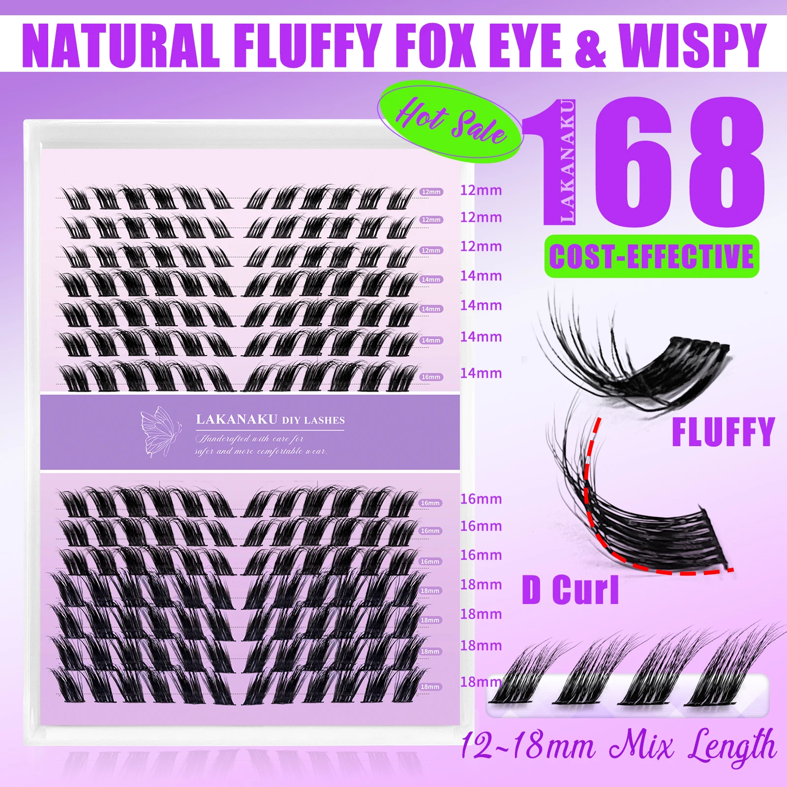 

LAKANAKU 168Fans 3D Silk Fox Eye Cluster Lashes 12-18mm D Curl Criss Cross Wispy Mink Cluster DIY Eyelash Easy Apply