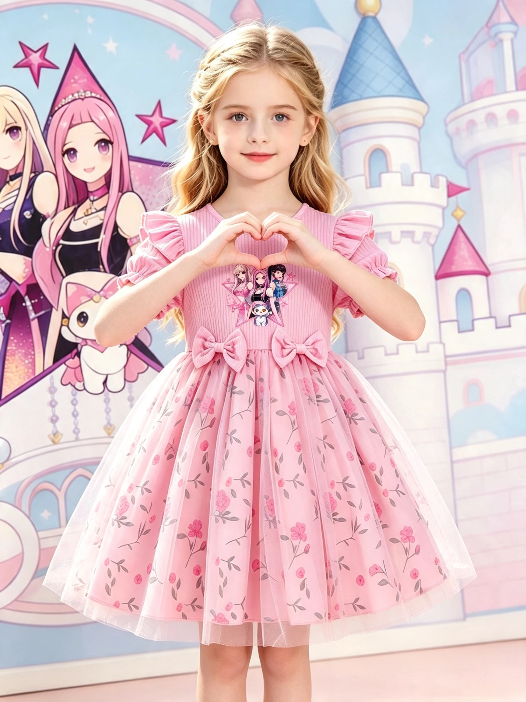 Gentle Style Girls' Pink Floral Tulle Dress, Short Sleeve Dress with Double Bow Decorations, Versatile Princess Dress for Vacati