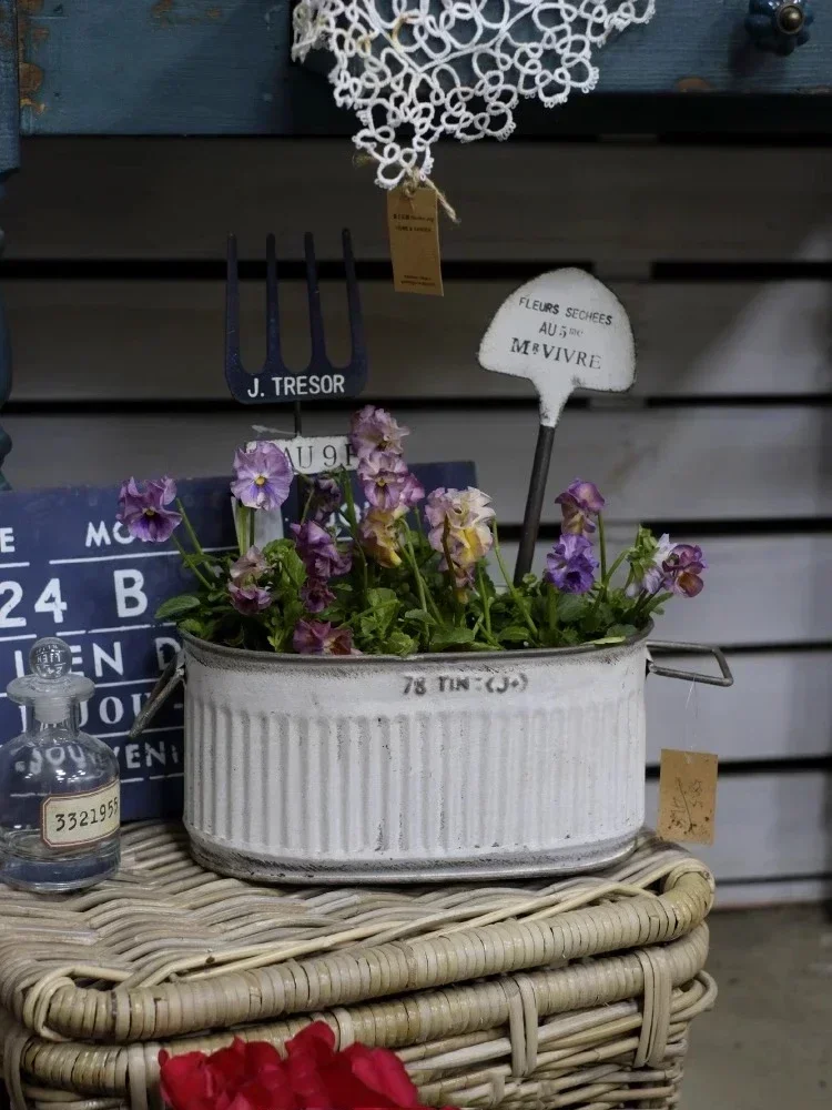 Ellipse Double Handle Flower Pot Retro Style Metal Plant Ironwork Vase Home Furnishings Garden Courtyard Decorate Ornaments