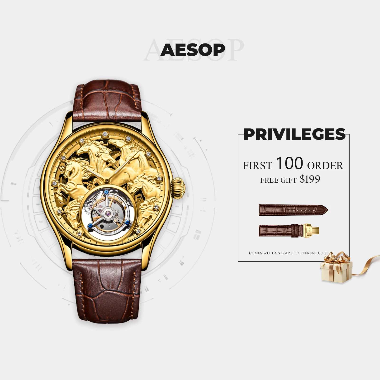 AESOP light luxury hollow tourbillon men's mechanical watch manual 3Bar waterproof relief fashion trend zodiac watch