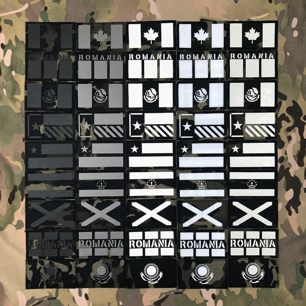 Multicam Laser Cut IR IFF Reflection, Luminous Flag Patch, Black, Mexico, Texas, Romania, Canada, Scotland, Russia, Tajikistan