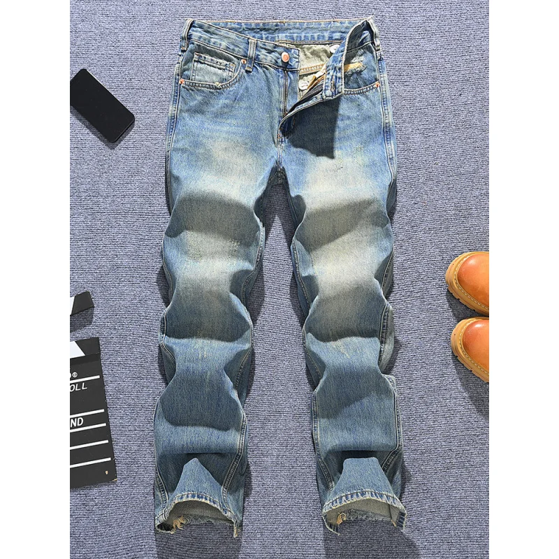 봄과 여름 트렌디 브랜드 남성용 아메리칸 레트로 루즈 스트레이트 레그 청바지, 청소년 패션 다용도 하이 스트리트 바지