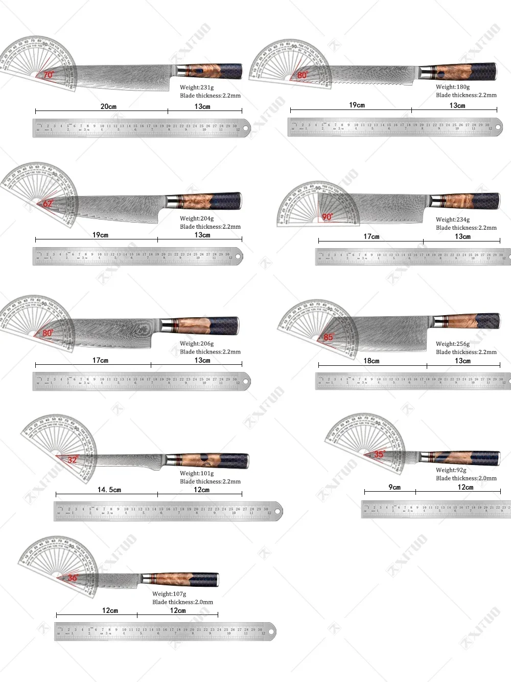 다마스커스 스틸 셰프 나이프 세트, 일본 산토쿠 빵 뼈 칼, 블루 송진 벌집 손잡이, 날카로운 주방 나이프, 1-9 개