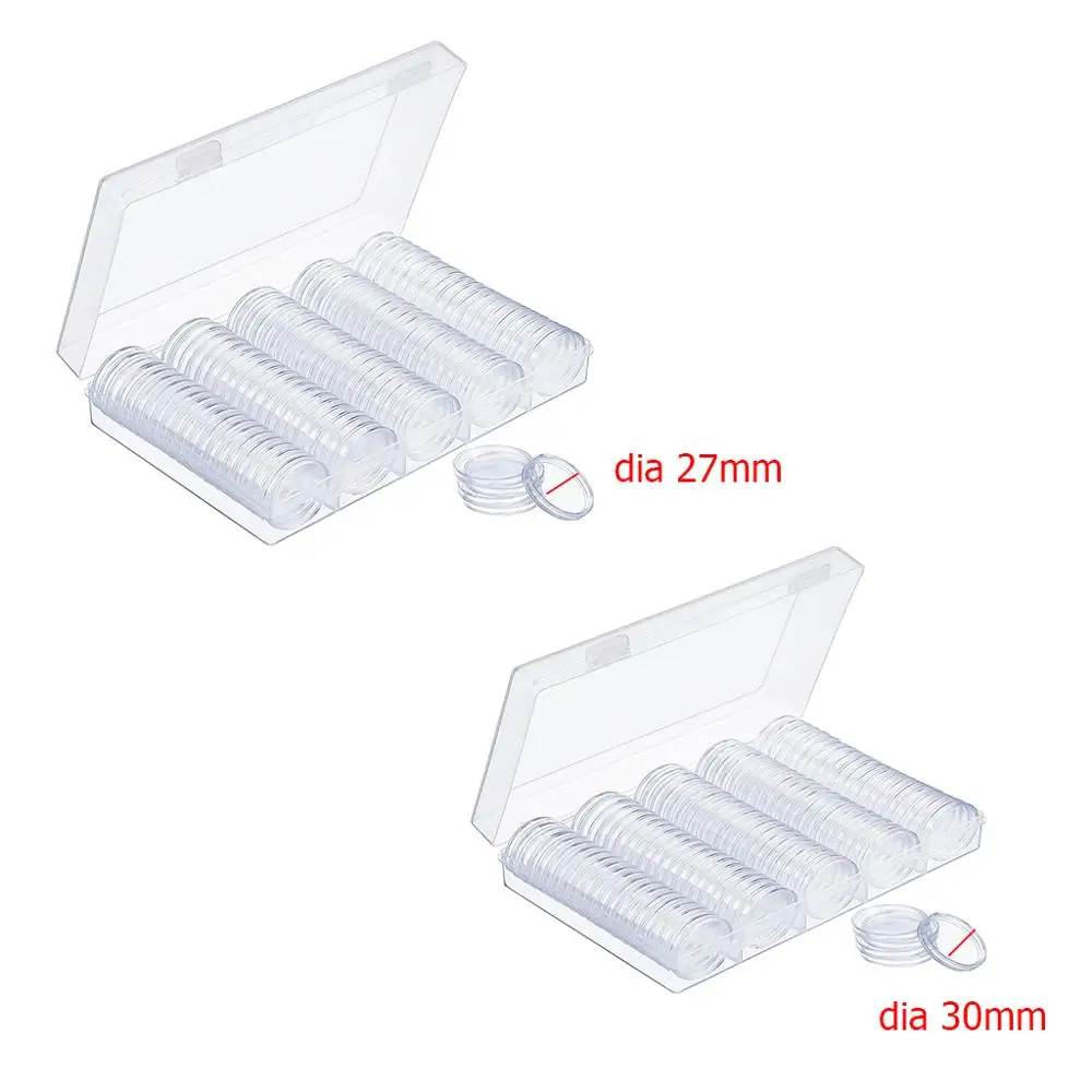 Transparente Clear Coin Capsule Holder Case, Comemorativa Coletável Caixa De Armazenamento, Suprimentos De Coleção, 27mm, 30mm, 100Pcs