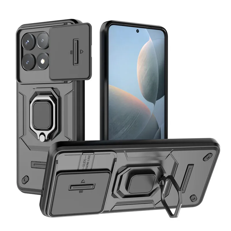 Dla Xiaomi Poco F6 Pro Etui Slide Camera Etui na telefon Dla Xiaomi Poco F6 Pro 5G Pokrowiec Armor PC Wstrząsoodporny Metalowy Pierścień Stojak