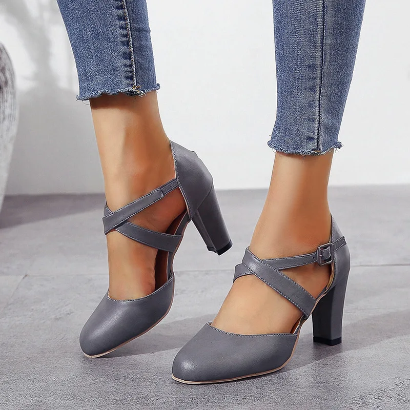 

Women High Heels Shoes Autumn New Round Toe Chunky Heel Casual Platform Women's Shoes Female Belt Buckle