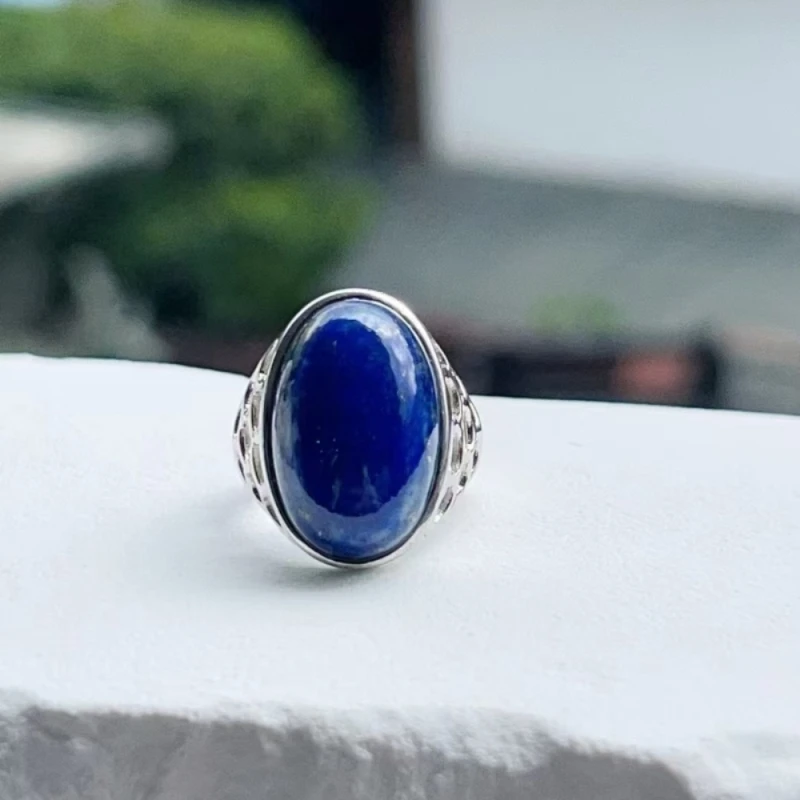 

Real Solid 925 Sterling Silver Band Men Women Lucky Lapis Lazuli Oval Hollow Ring