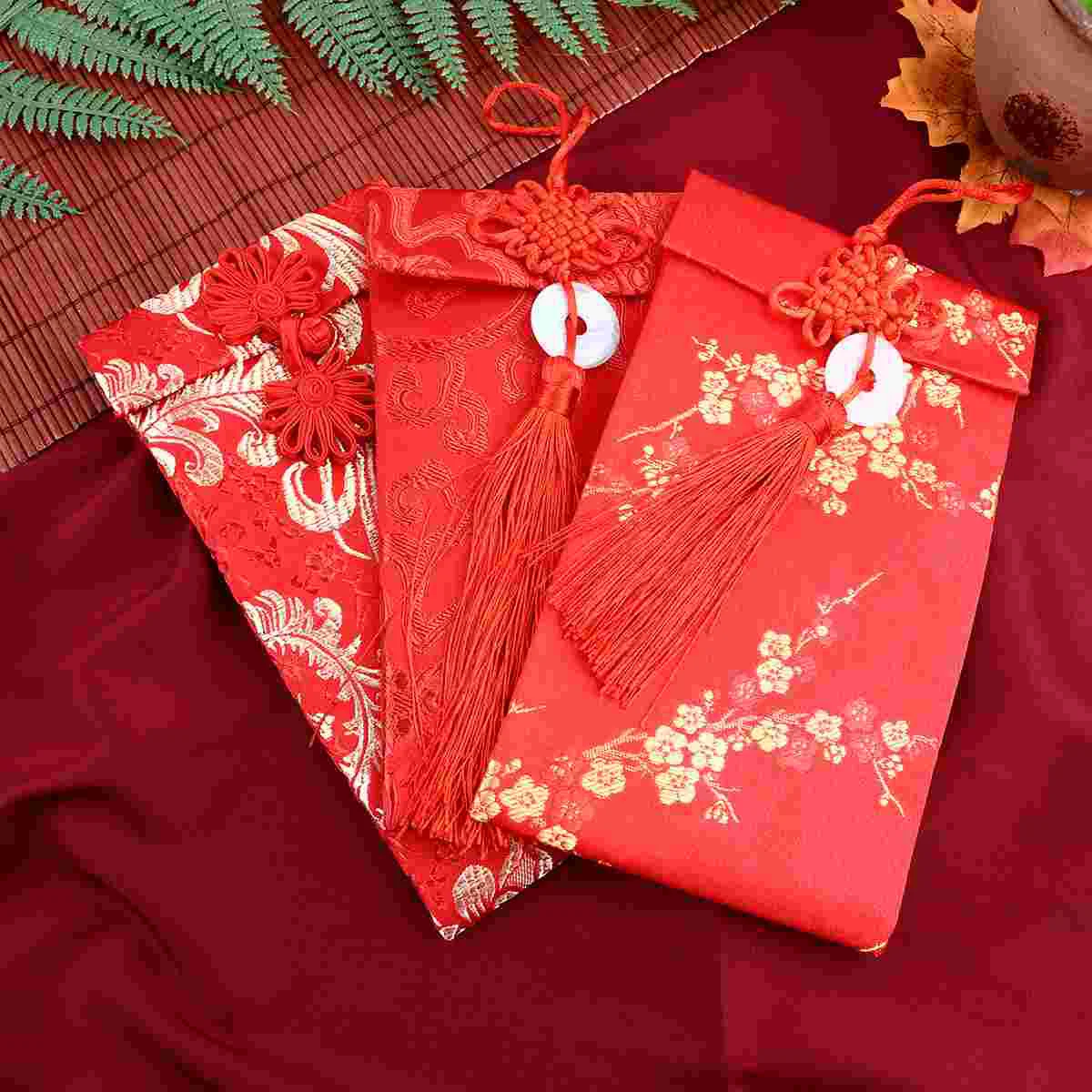 3 Pcs Money Gift Chinese Style Envelope Silk Cloth Bag for Wedding New Year Red Envelopes