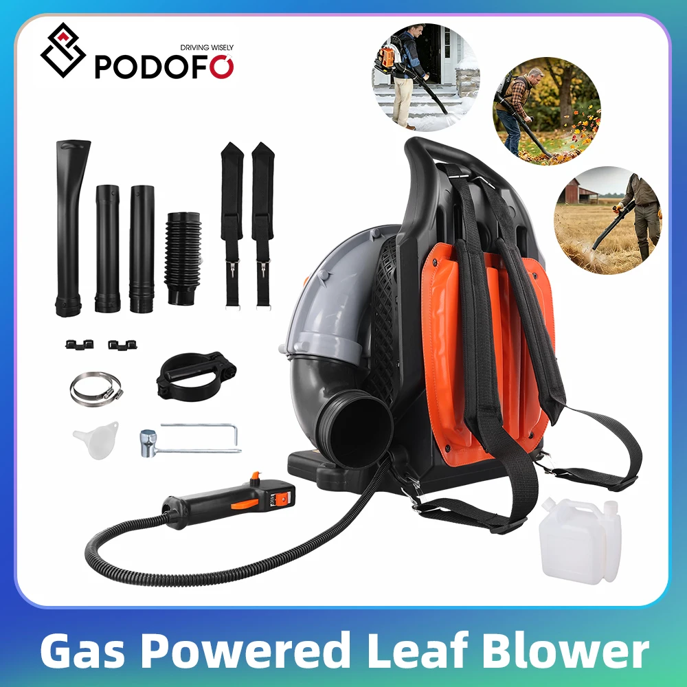 Souffleur à feuilles thermique Podofo 2700W 63CC Moteur 2 temps 6800 tr/min 1,8L Souffleur d'air électrique à essence pour l'entretien des pelouses et le déneigement