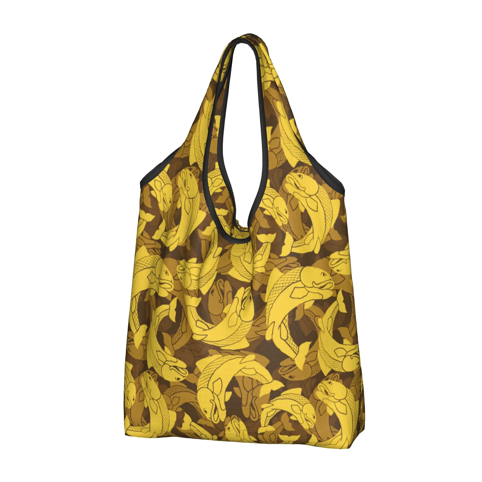 Bolso de compras dorado con diseño de pez koi japonés, bolso de compras a la moda para mujer, bolso de hombro de estilo oriental tradicional, bolsos de mano