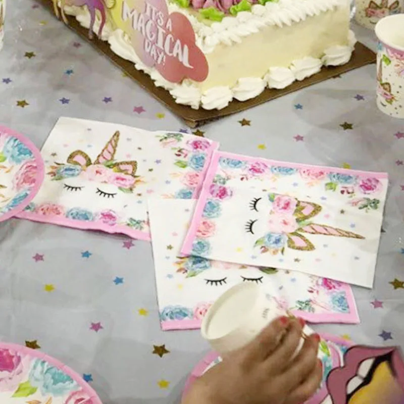20pcs Unicorn Printed Paper Napkins Cartoon Unicorn Flowers Napkins Tissue for Girls Birthday Party Supplies Unicorn Party Decor