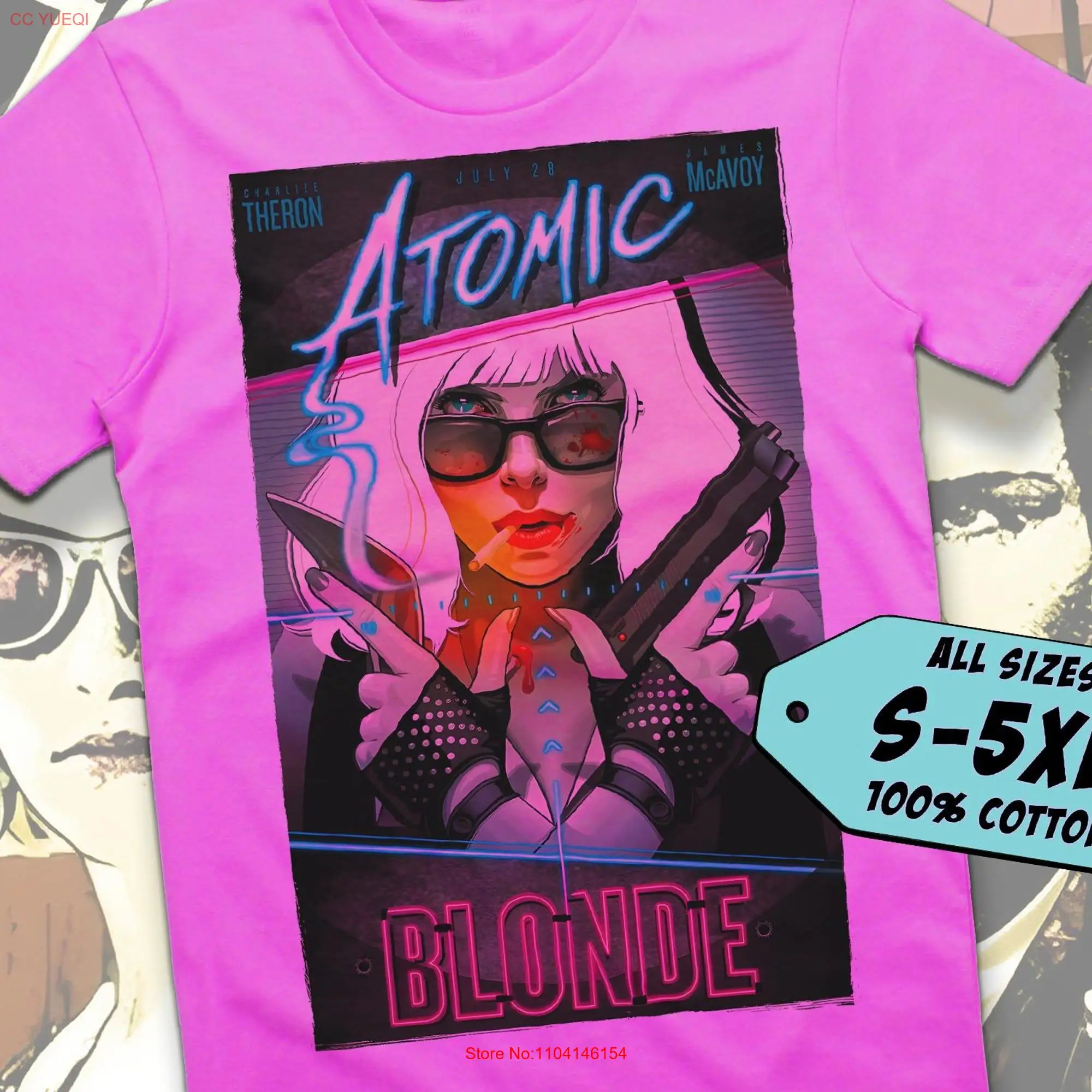 Atomic Blonde V3 T Shirt movie poster print Fuchsia Color 100 cotton all sizes S to 5XL long or short sleeves