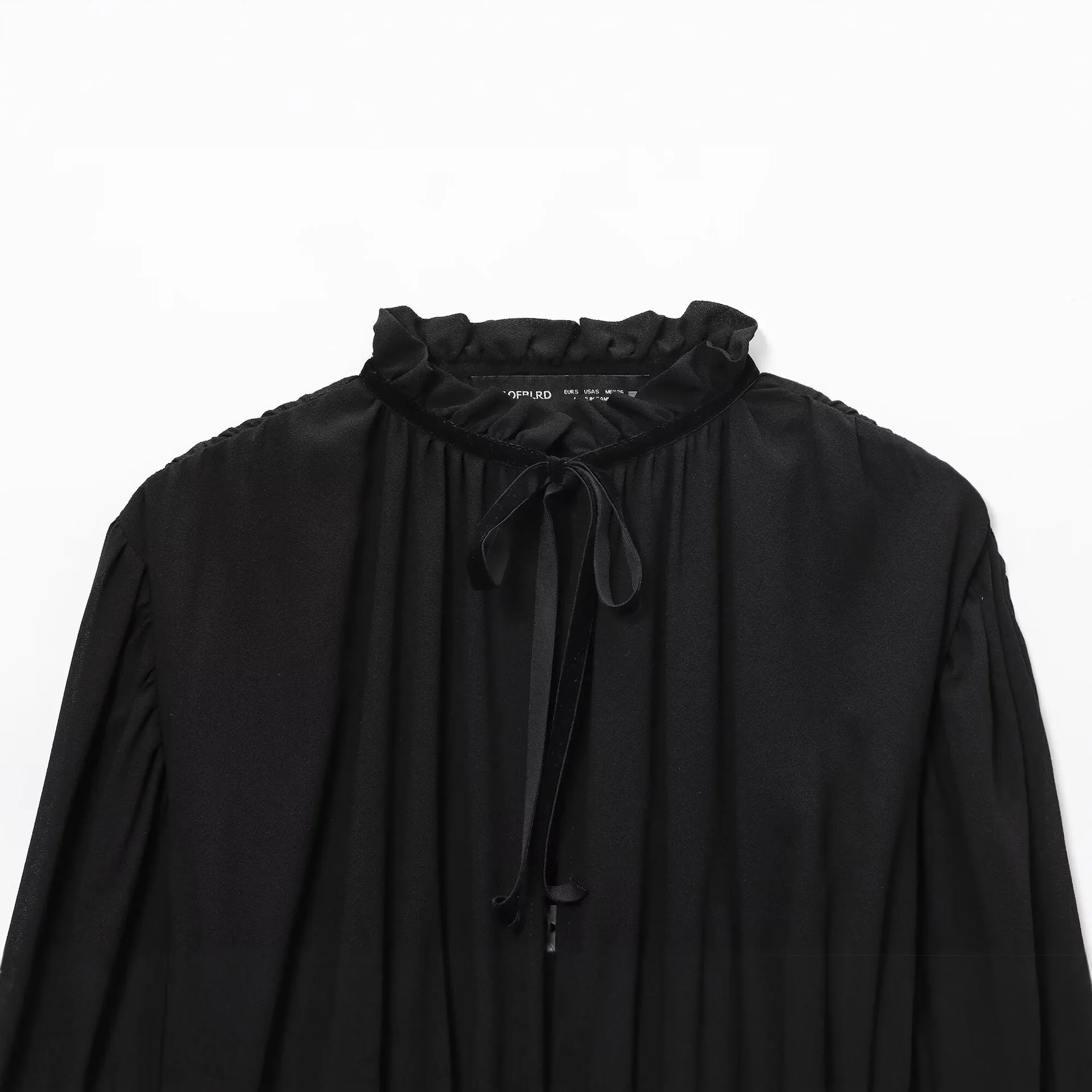 Women's Black Long-Sleeve Shirt Autumn Winter Fashion Versatile Sexy Casual Bow Top Tie Detail Ruffled Drawstring Chiffon Blouse