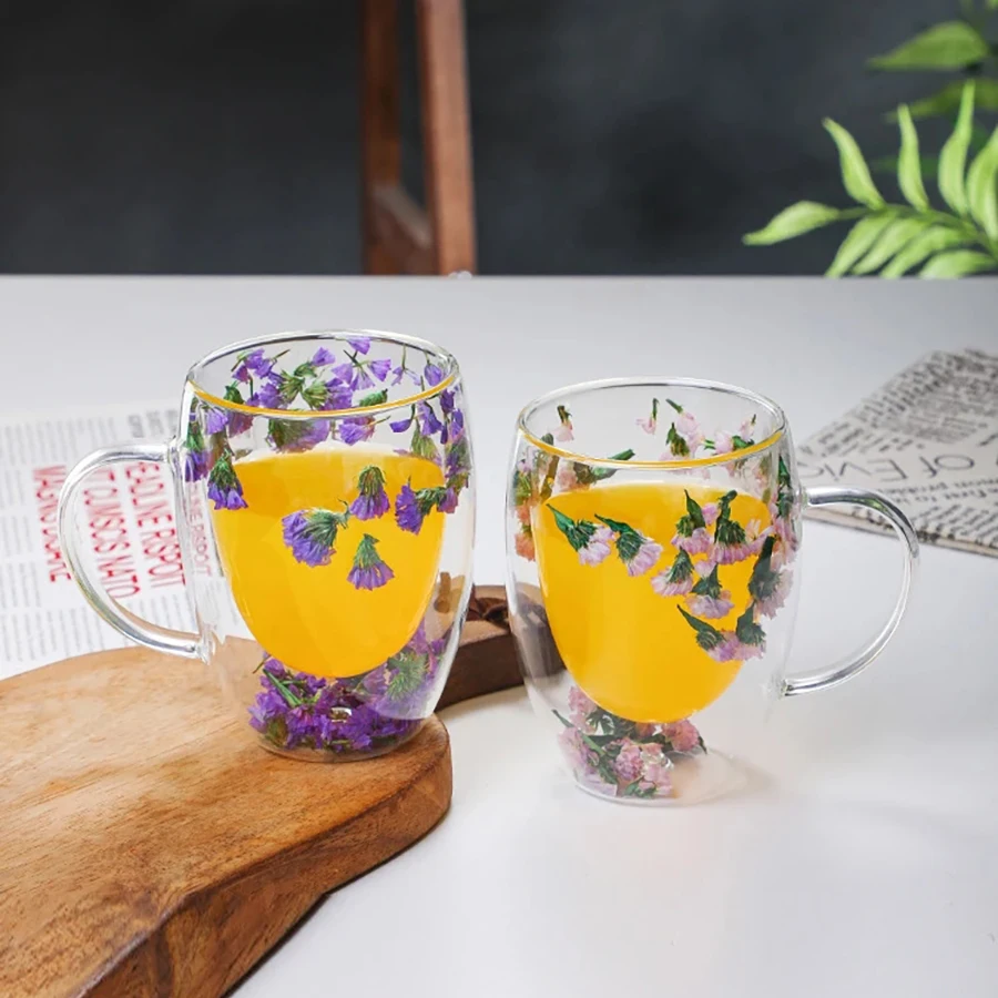 YWDL Double Wall Glass Coffee Mugs Double Insulated Glass Cup For Girl Gift Christmas Present 350ml Flower Design