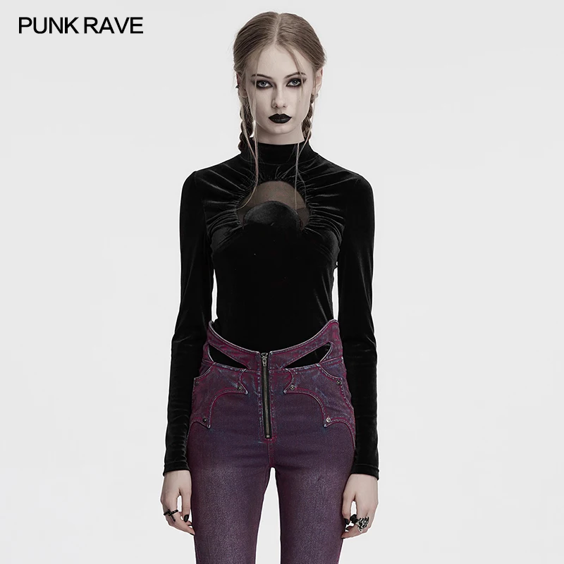 PUNK RAVE Women's Gothic Daily Crescent Sexy Perspective Hollowed Print Velvet T-shirt Stand Up Collar Tops Spring/Autumn