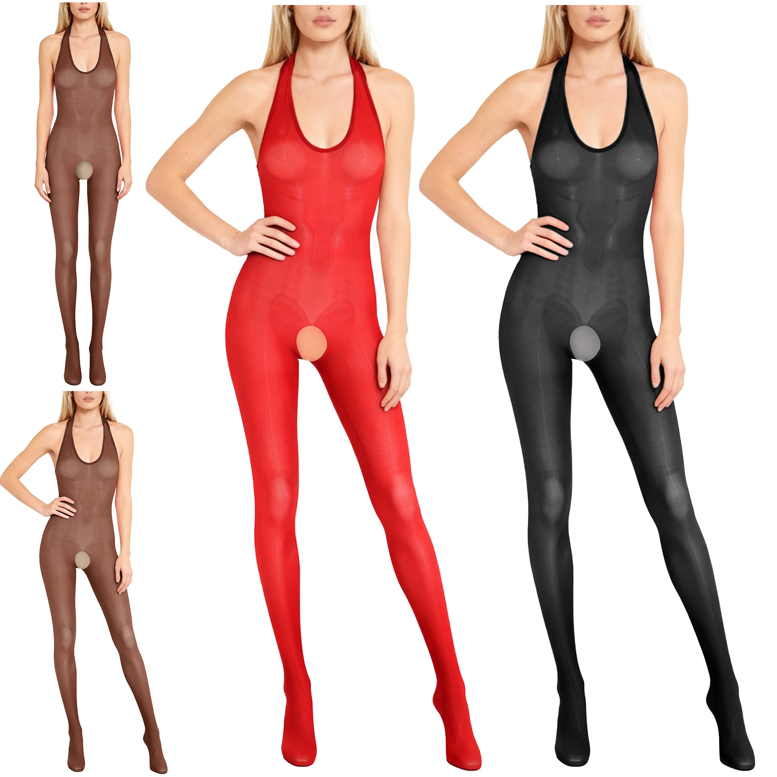 Durchsichtiger Damen-Body ohne Schritt, durchsichtige Dessous-Strumpfhose, Neckholder, ärmellos, offener Rücken, Overall, einteilige Club-Nachtwäsche