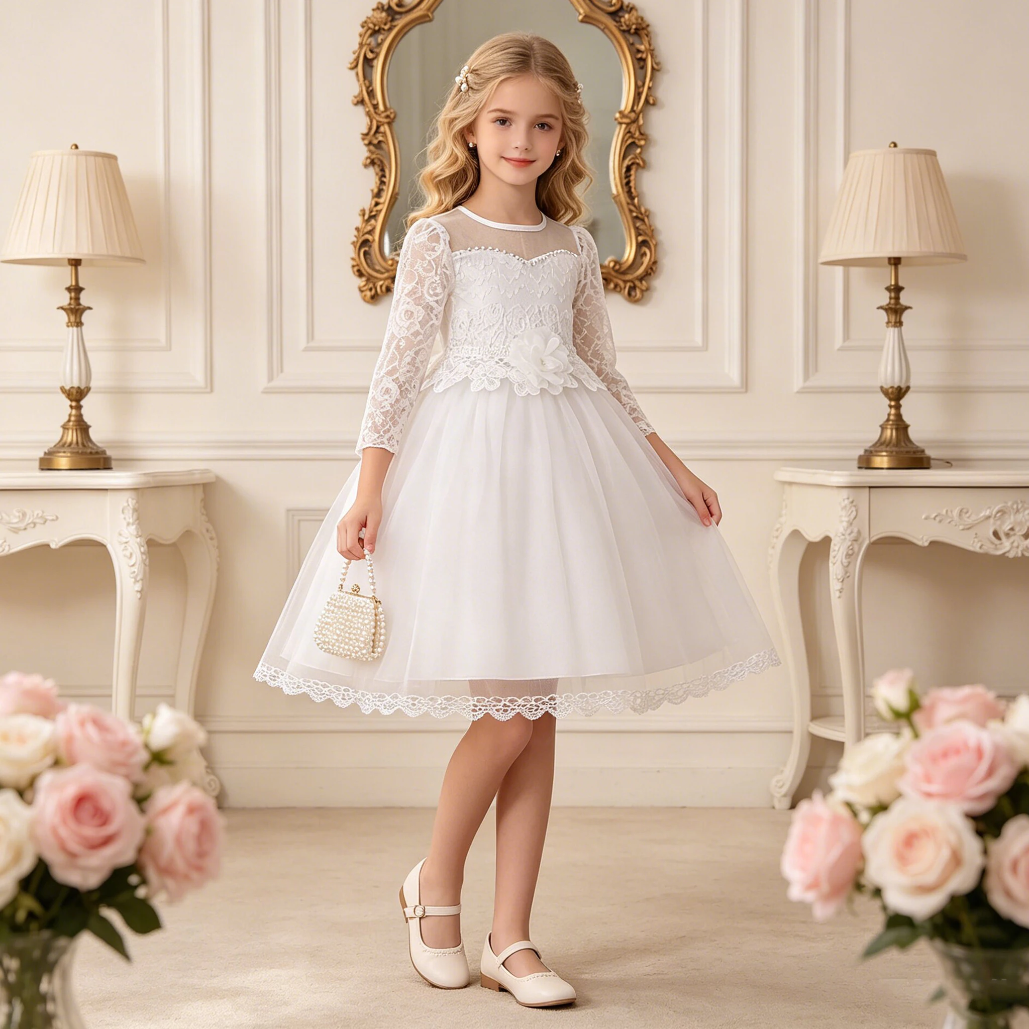 Elegante Vestido de Fiesta de Bautizo para Niñas, Vestido de Princesa de Manga Larga con Flores para Bodas, Damas de Honor, Cumpleaños, Primera Comunión