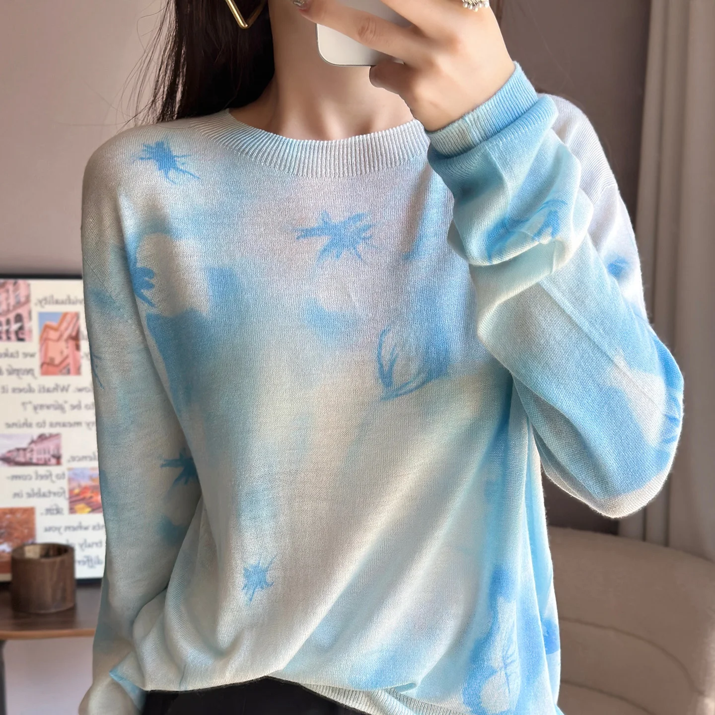 Suéter de lana Soluble en agua para mujer, Top informal de manga larga con cuello redondo y diseño de estampado de Joker, primavera y verano