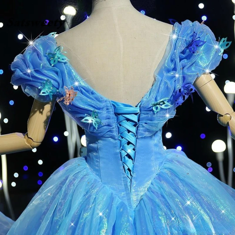 Blue Quinceanera Dresses Fashion Ball Gown V-neck Pleated Floor-length Tulle Cinderella Prom Dress With Butterfly 2024 Sweet 16