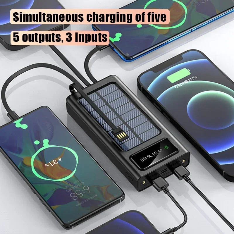 Portable 4 Built-in Cables External Battery LED Light Power Bank For Xiaomi Samsung IPhone Solar Power Bank 50000mAh