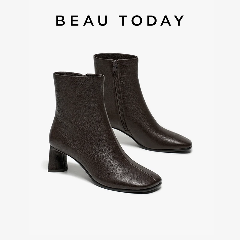 BEAUTODAY Ankle Boots Women Genuine Sheepskin Leather Square Toe Sewing Zipper Elegant Boots Ladies Shoes Handmade 03970