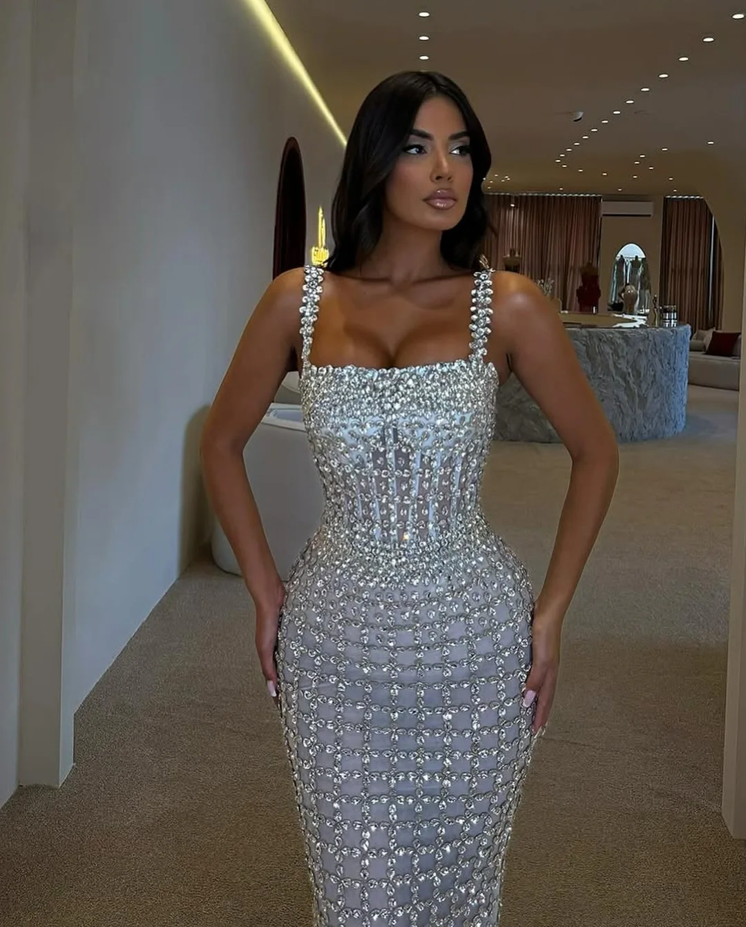 SWEMILE Luxe Diamond Sling Avondjurken Hand-naai Volledige Kristallen Kralen Spaghetti Zeemeermin Prom Dress Aangepaste Jurken