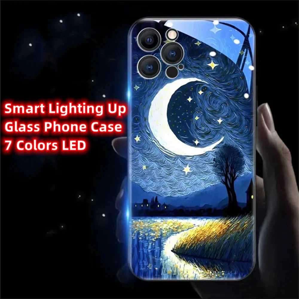 

Painting Starry Night Luminous Glass LED Calling Light Up Phone Case For iPhone 16 15 14 13 12 11 Pro Max XR XS Plus 6 7 8