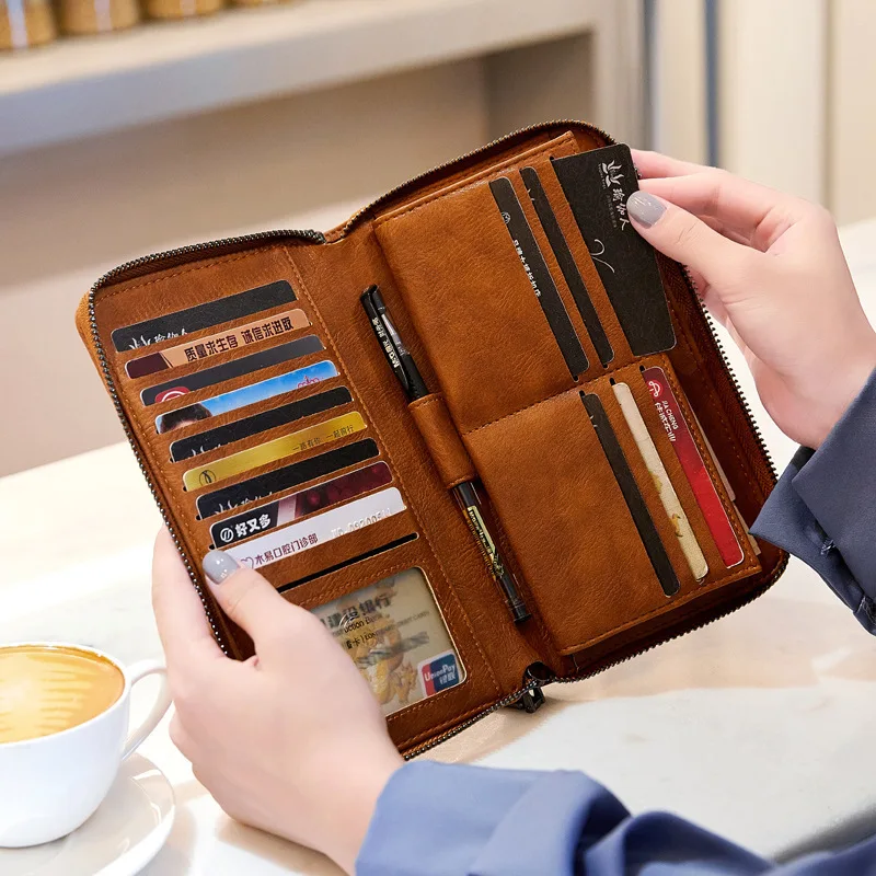 

Простой усовершенствованный RFID-кошелек, женский длинный зажим для денег на молнии с несколькими картами, сложенный в половине, портативный кошелек для хранения карт большой емкости