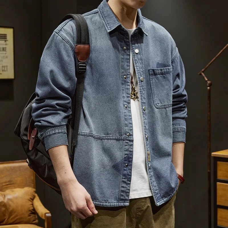

Spring Denim Shirt Long Sleeve Loose Lapels Men Coat Casual Vintage Men Clothing Single Breasted Spliced Designs Tooling Jackets