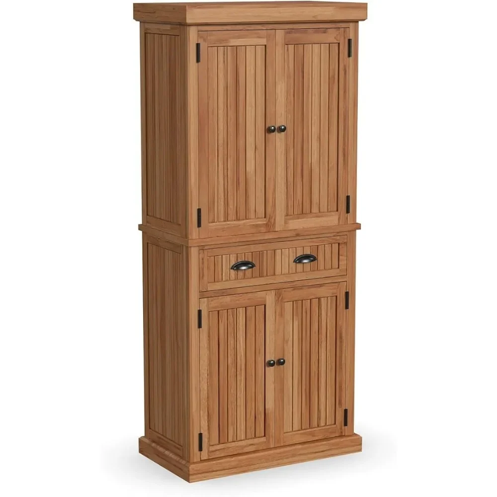 Nantucket Storage Cabinet Kitchen Pantry with Drawers and Adjustable Shelves, 71.5 Inch Height, Natural Maple Finish