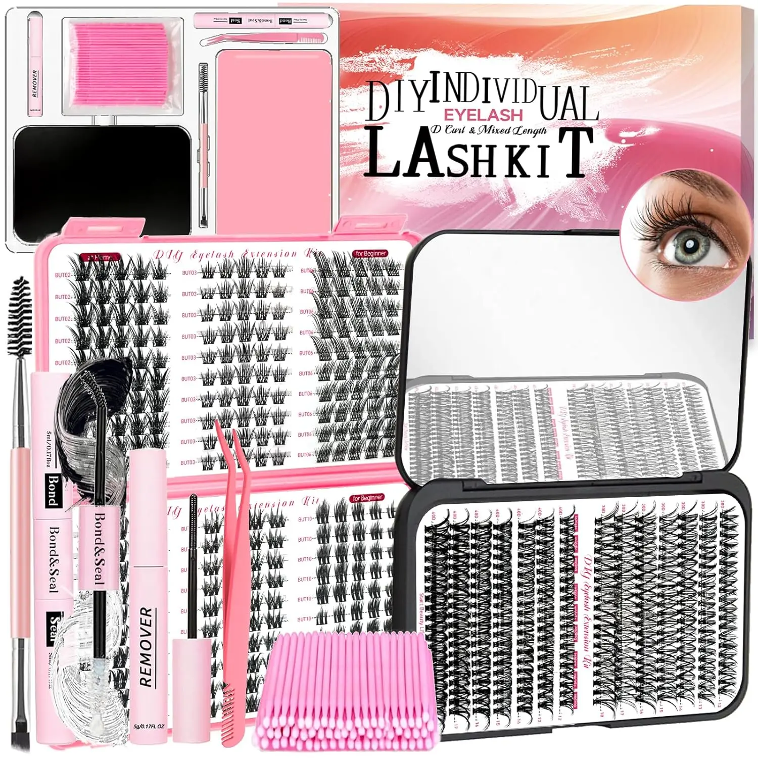 

DIY Wispy Lash Extension Kit 570Pcs D Curl 6 Styles Individual Lash Clusters with Bond and Seal, Remover, Tweezers, Brush, Mini