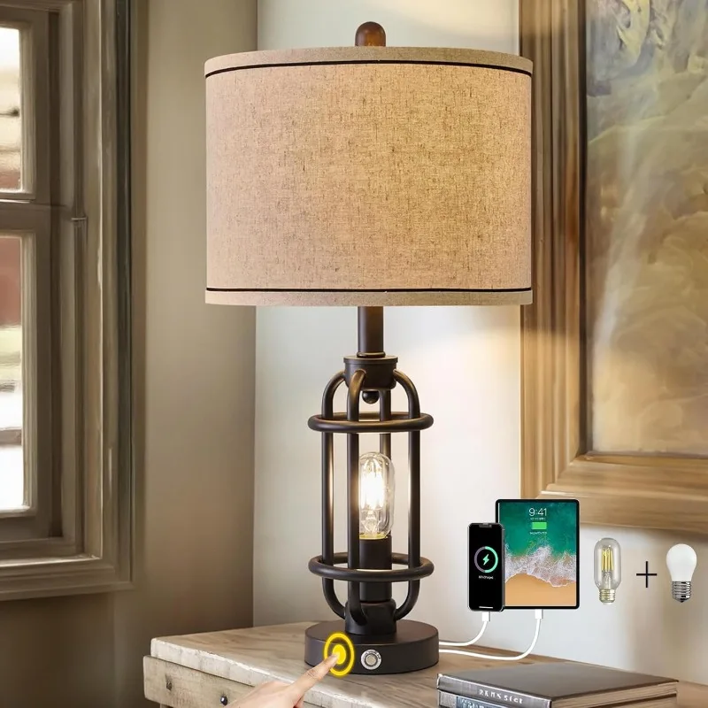 

. Industrial Table Lamp with USB Port & Touch Control, Black Metal Bedside Lamp, Bulbs Included