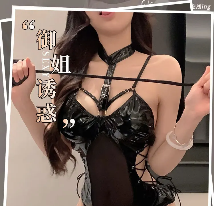 ملابس داخلية سوداء مثيرة من الجلد اللامع ضيقة من الجلد موحدة حبال وياقة منخفضة مجوفة بدون ظهر ملابس فتاة حارة UY7R