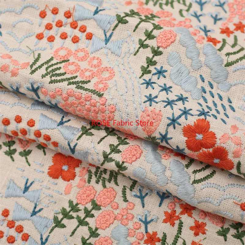 Colorful Flower Embroidery Slub Cotton Linen Fabric For Dress, DIY Manual Bag Tablecloth Pillow,  table cover, costumes design
