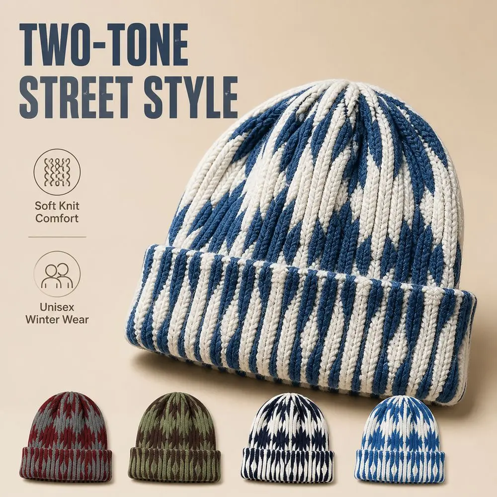 New Two Tone Knit Beanie Tie Dye Style Knitted Winter Beanie Hip Hop Style Pullover Beanie Streetwear