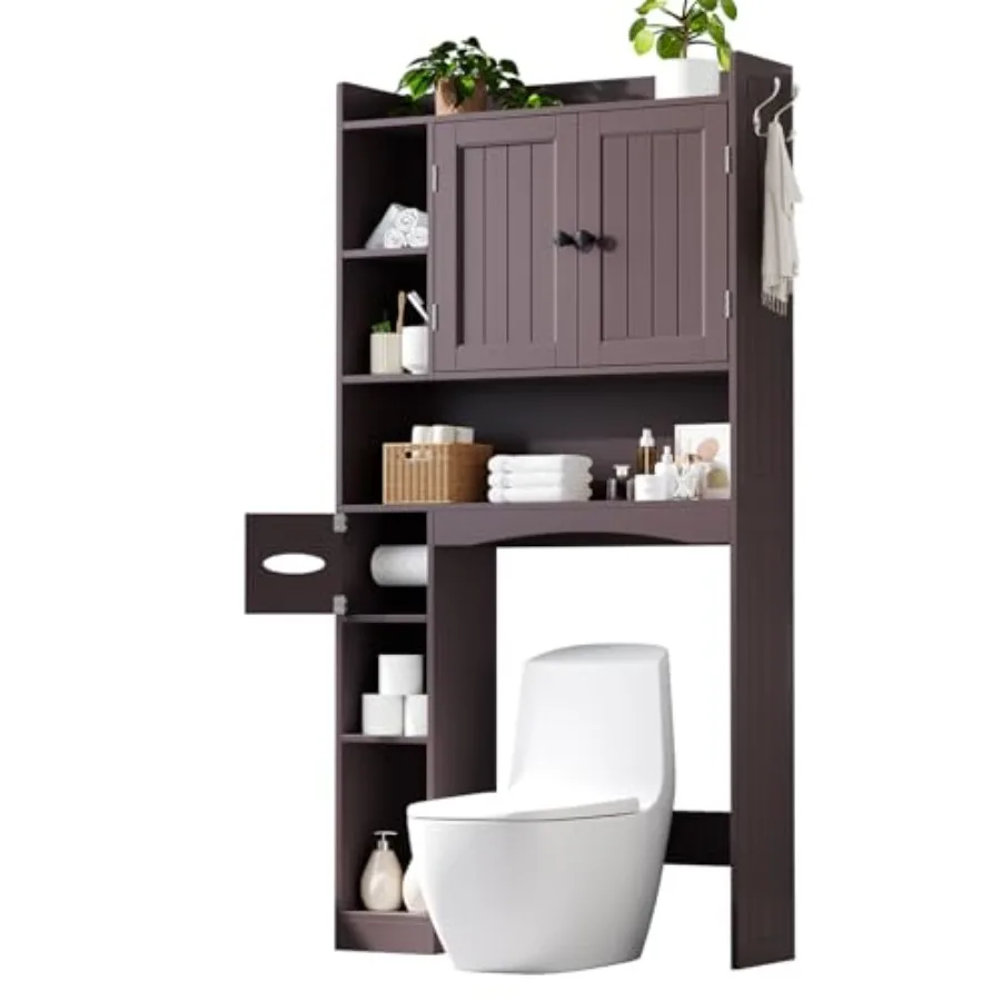 

Over The Toilet Storage Cabinet 66''H Dark Brown with Paper Holder Adjustable Shelves 2 Doors 2 Side Hooks Space-Saver Bathroom