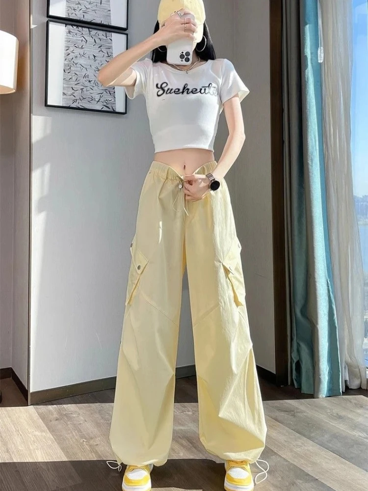 

Женские брюки-карго в американском стиле, однотонные желтые женские брюки, тенденции 2025, одежда высокого качества, осенние брюки 90-х годов, эстетические G