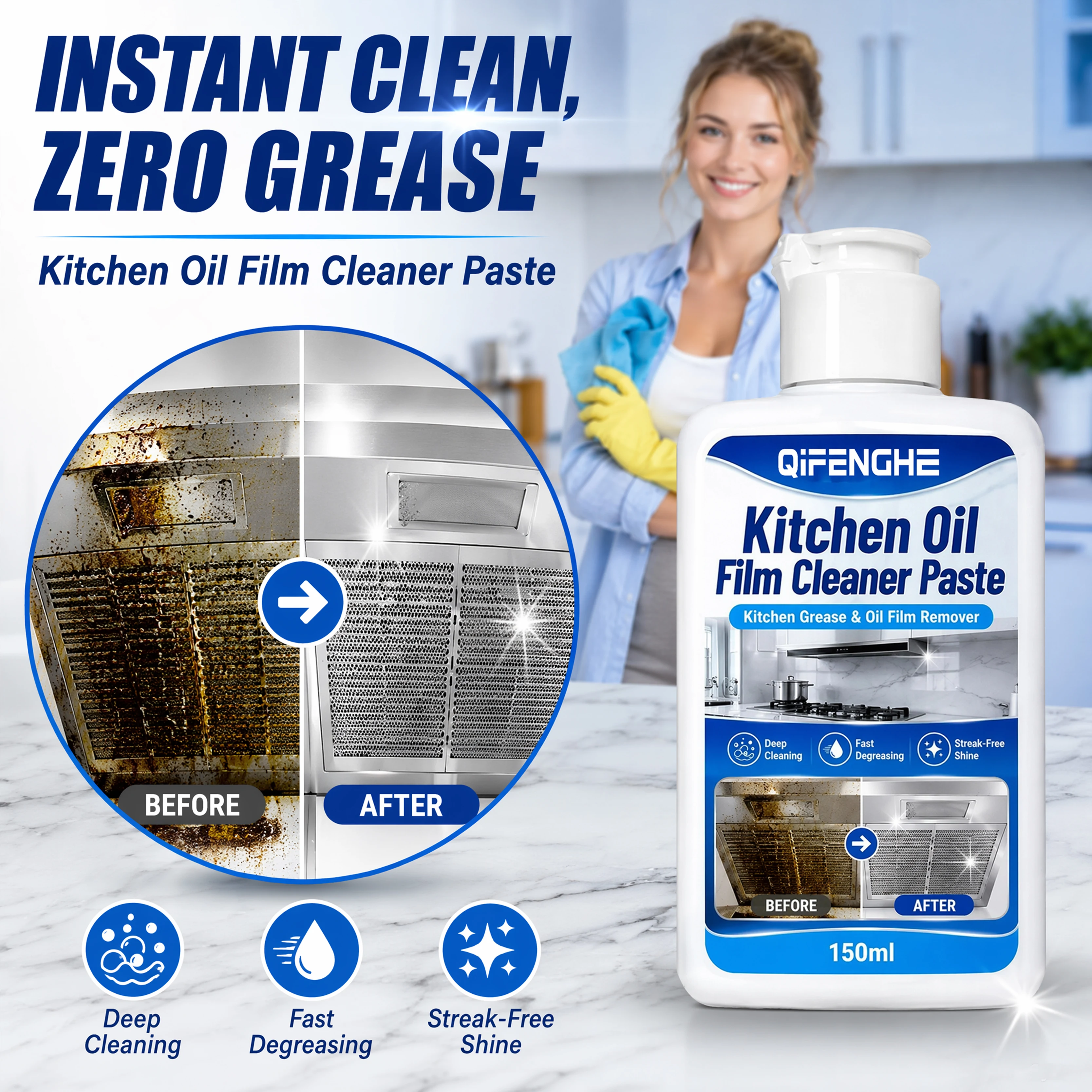Heavy Duty Kitchen Degreaser Paste, Kitchen Oil Film Cleaner Paste 150ml, Quick Remove Stubborn Oil Stains,Deep Clean Range Hood