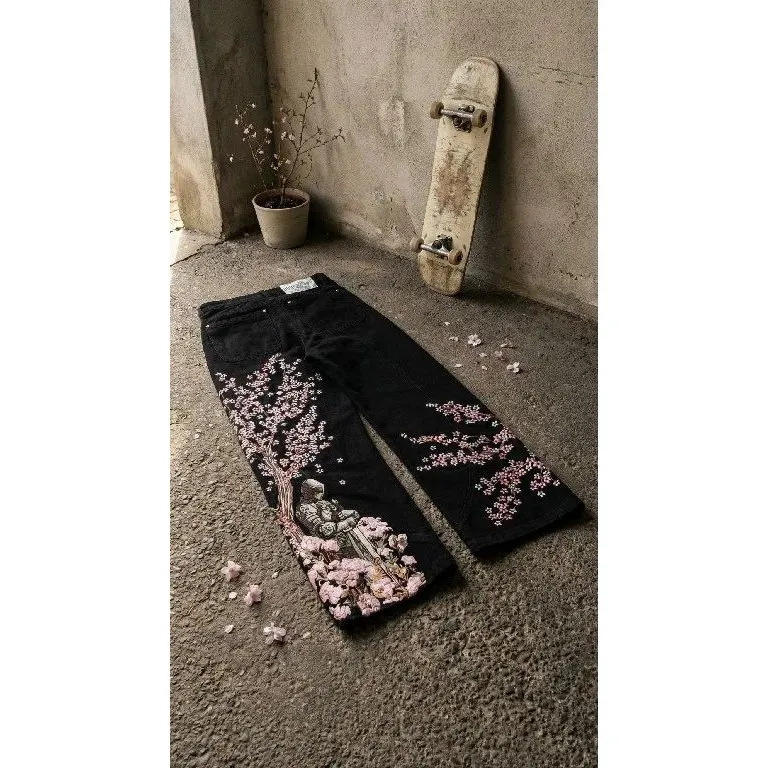 

Unisex Y2K Jeans Cherry Blossom Knight Embroidery Setwea Spring 2026 Ladies Traditional Chinese Style Pants