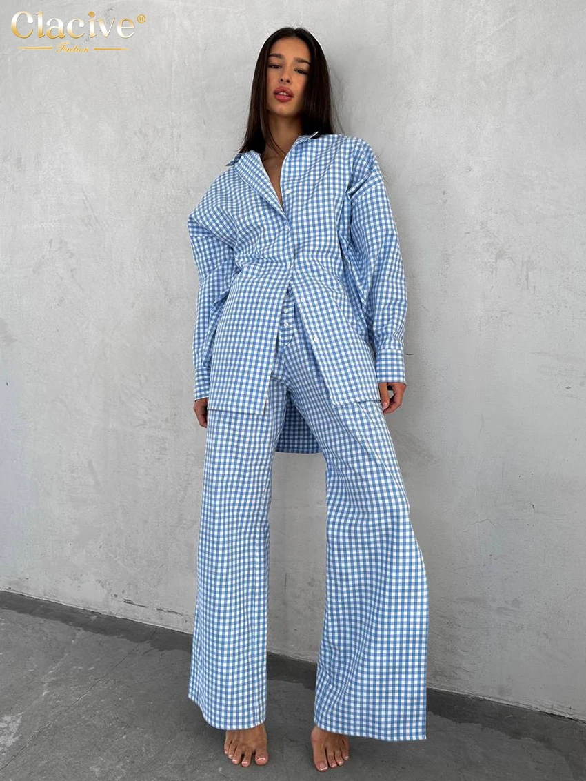 Clacive Fashion Loose Blue Stripe Cotton 2 Piece Sets Women Outfit Elegant Long Sleeve Shirt With High Waist Wide Pants Set