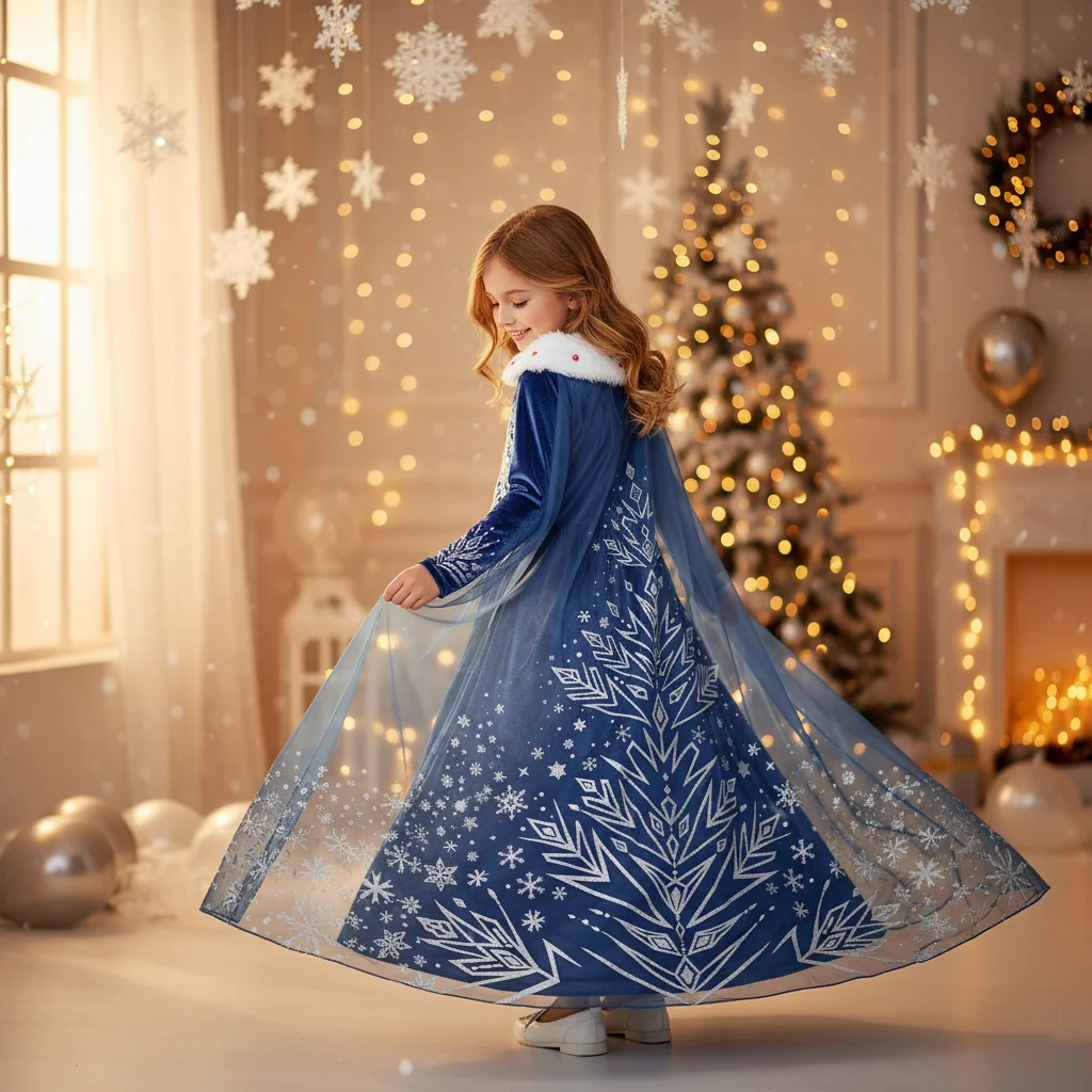 Glittering Snow Queen Costume Dress with Sparkling Snowflakes for Girls New Year Carnival Celebration and Winter Festive Events